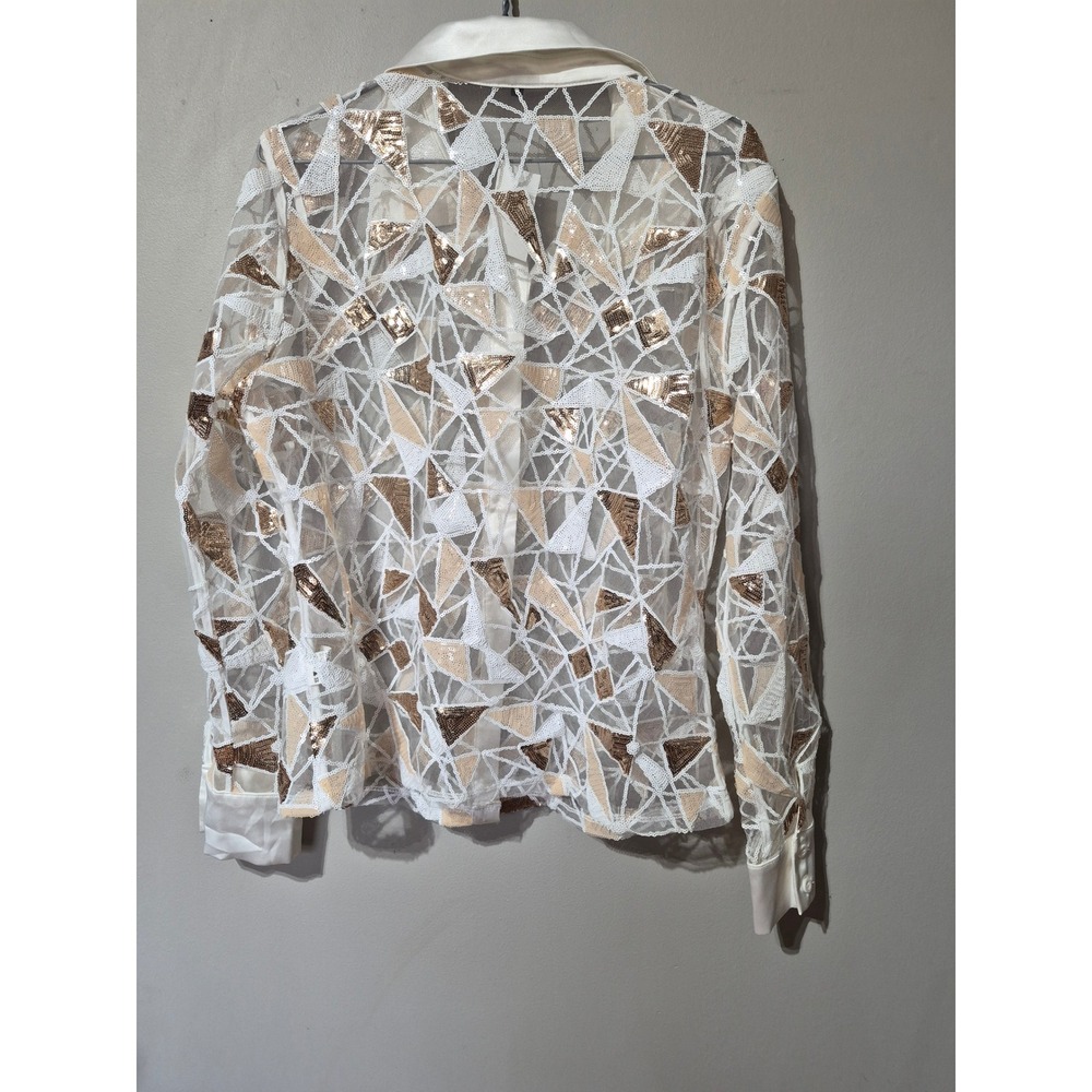 Coby CQ Womens White Gold Sequin Geometric Mesh Button Down Shirt NWT Large - Picture 2 of 6
